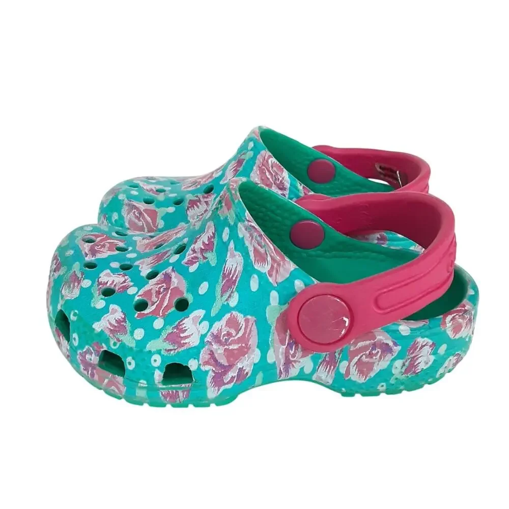 Crocs Clogs Girls 6 Rose Floral Polka Dot Blue Water Shoe Slip On Outdoor Hiking